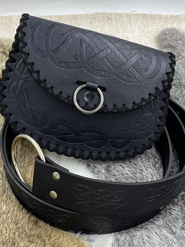 Medieval Style Ethnic Pattern Embossed Belt & Belt Bag Set, Vintage O-ring Decorated Belt & Waist Bag, Fashion Accessories for Cosplay Party, Daily 4