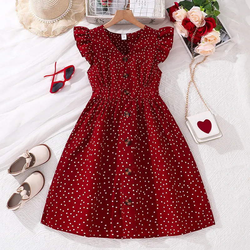 Kids Dress 7-12 Years Old Girls' Summer Clothing Flounced Sleeve Red Polka Dot Princess Dress Birthday Dress