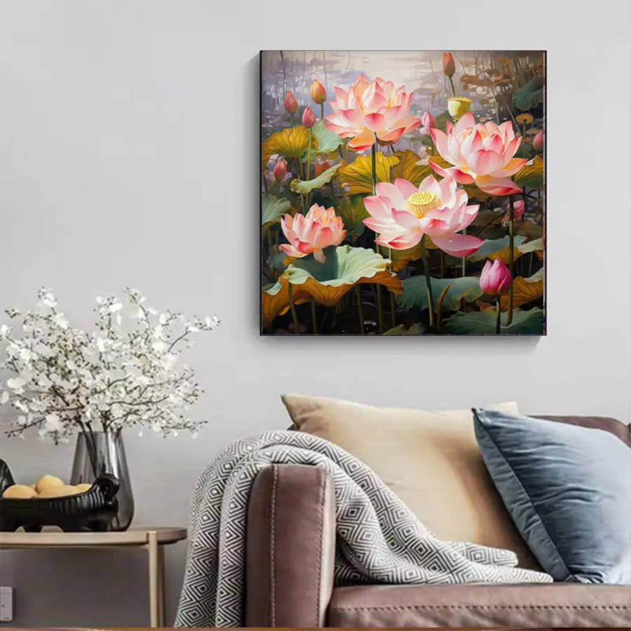 Tranh thêu chữ thập Sen Bình An (thêu kín) VS8129 - KT:(50x50)cm - Handmade - Làm Đồ Handmade