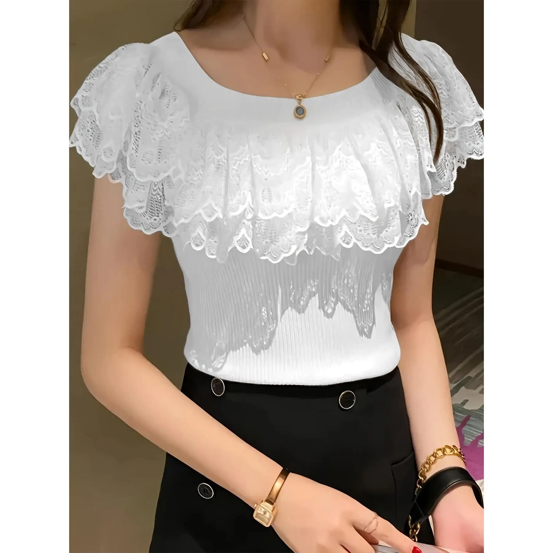 Top  Women  Shirt Thun Sơ Mi Cổ Tròn  Áo Len Cổ Thuyền Có Gân, Thiết Kế Ren Tương Phản, ngắn Tay Áo Thanh Lịch, Quần Áo Nữ
