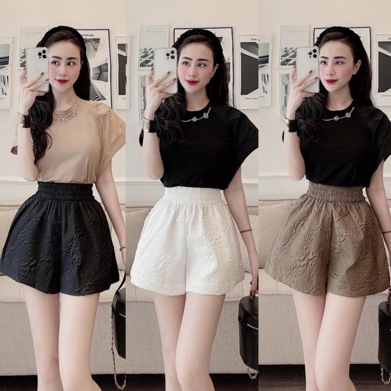 Quần short nữ ống rộng lưng cao cạp thun chun có túi in hoa nổi Quần đùi nữ cạp cao phồng mặc ở nhà ngủ thể thao đi biển Màu đen Màu trắng Có hoa Pants Women Ong