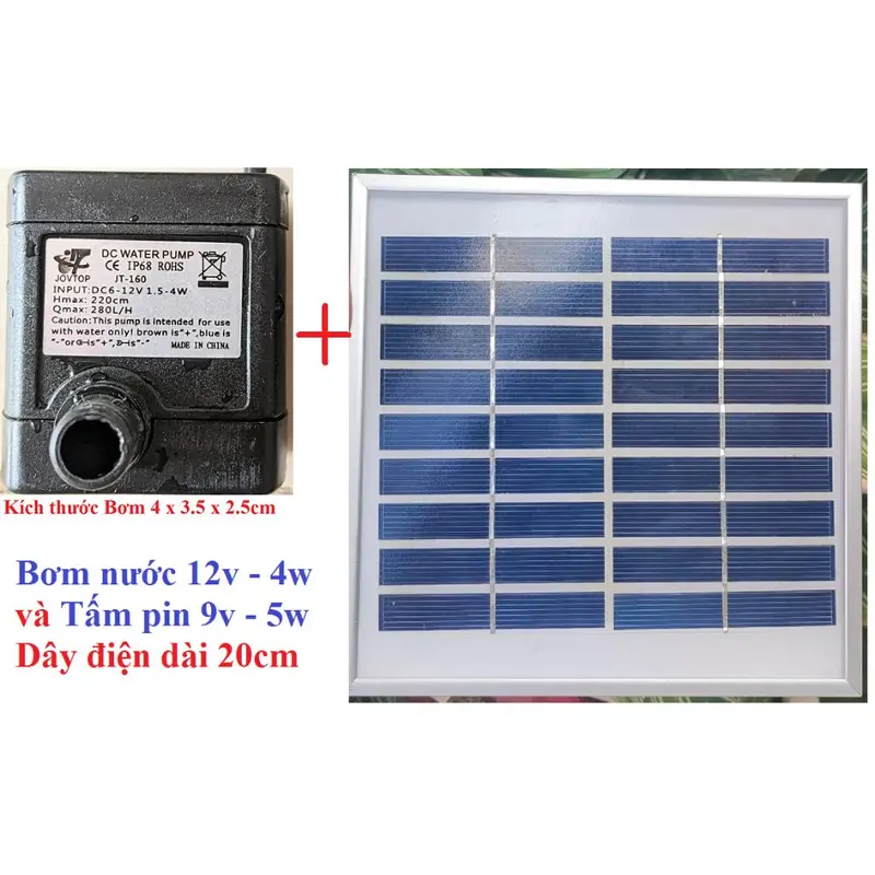 Bơm chìm hồ cá 12v DC 1.5-4W Kèm Pin Năng Lượng Mặt Trời 3.5W 0