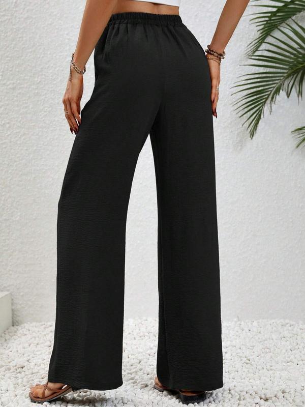 Women's Solid Drawstring Waist Pants, Casual Pocket Trousers for Summer, Women's Bottoms for Daily Wear 1
