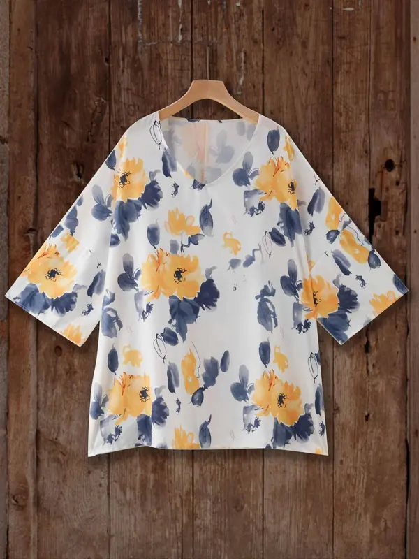 【Plus Size】 Floral Print Curved Hem Cover Up Top, Casual Half Sleeve V Neck Top for Summer, Women's Plus Clothing for Daily Wear, Shirts 5
