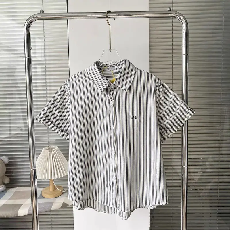 áo sơ mi kẻ sọc nữ cộc tay thêu nơ thanhuyen clothing , áo sơ mi nữ cộc tay thêu nơ kiểu dáng hàn quốc (A142) 2