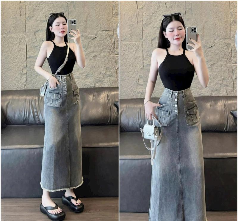 Sét áo thun nữ cổ yếm kèm chân váy jean dáng dài cài nút xinh xắn dễ thương