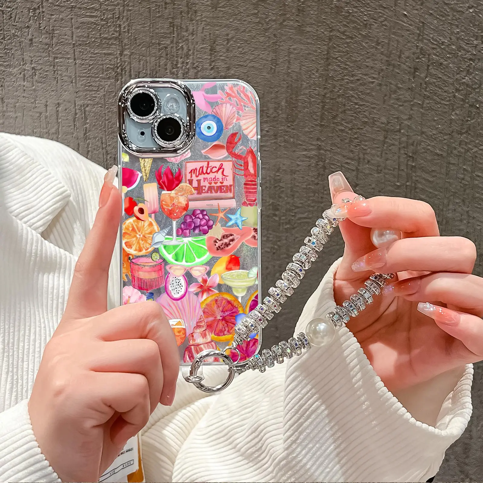 Fruit Pattern Phone Case with Chain, Decorative Phone Protector Cover, Phone Accessories Compatible with iPhone 11 12 13 14 15 16 Pro Max Plus