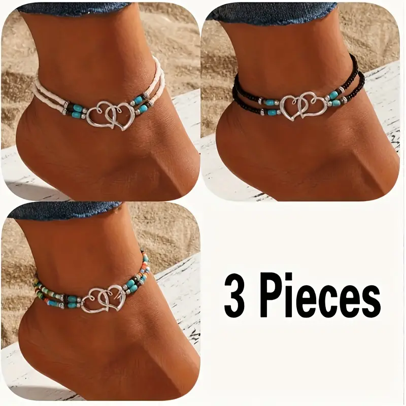 Piece Bohemian Chic Anklet Set - Natural Crystal Beaded Ankle Bracelets with Double Hollow Hearts, Elegant Seed Beads, Adjustable Elastic Cord, Ideal Gift for Women, Perfect for Boho Fashion, Summer Vibes, and anxiety  rings anxiety  rings anxiety  rings 5