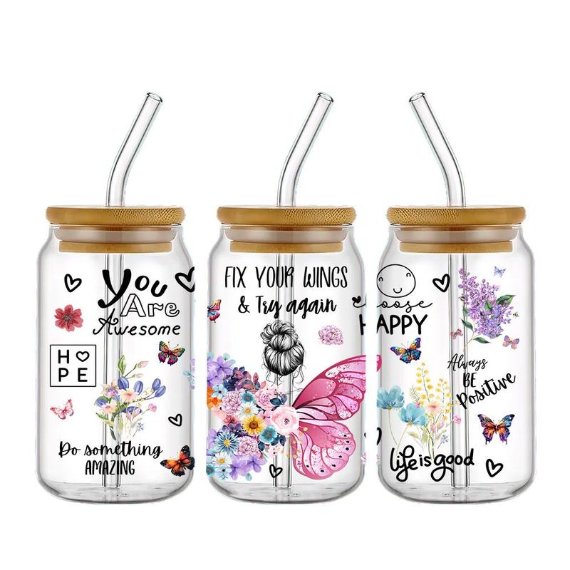 Butterfly Pattern UV DTF Transfer Sticker, 5 Counts/set DIY Sticker for Glass Bottle, Glass Cup Decorative Transfer Decal 4