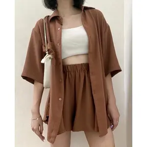 Hyuna One Set Celana Pendek Kerah Kemeja Crinkle