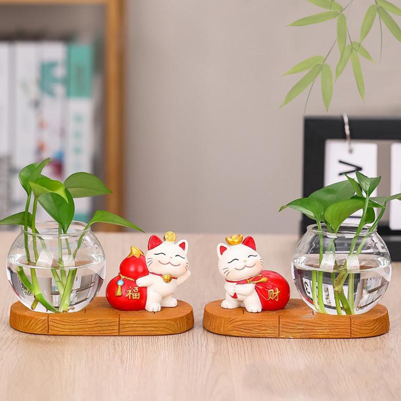 Tượng mèo thần tài kèm chậu trồng cây thuỷ sinh mini để bàn mẫu mới