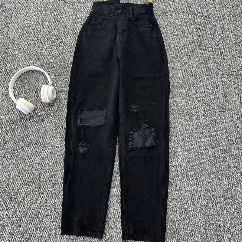 Quần jean baggy nữ màu đen rách gối, cạp cao cá tính kiểu dáng hàn quốc Pants Women mã 522 3
