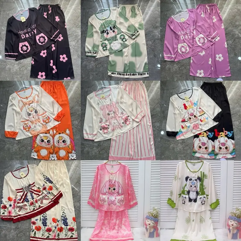 (FS 40-60KG) ĐỒ BỘ CỔ TRÒN 2 TÚI LỤA LATIN 2CE , PIJAMA TIỂU THƯ NỮ MẶC NHÀ, ĐỒ BỘ MẶC NHÀ Women Kem Áo Nhung Top Jacket Tim Nho
