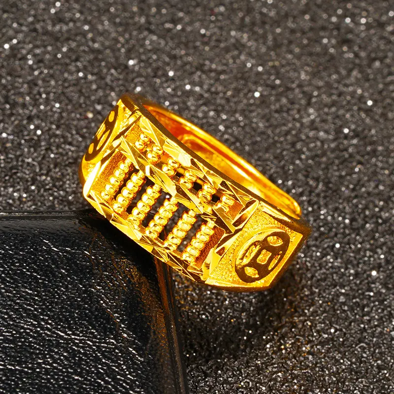 Meaning Wealth and Wealth/Chinese Style Imitation 24K Precious Metal Wide Ring/Abacus Ring/Opening Adjustable Size/Copper Coin Ring/Men's Gift