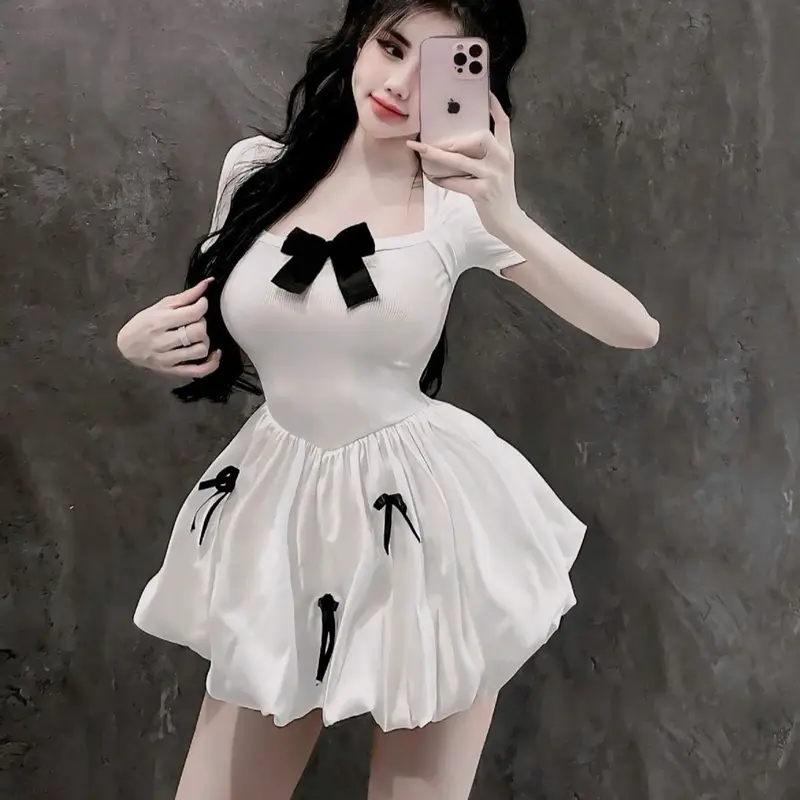 Đầm xoè tay ngắn đính nơ chất liệu thun gân + kate giãn dưới 53kg xinh trẻ trung Nữ Tre Dress Voi Màu Trắng Women Nhung 0