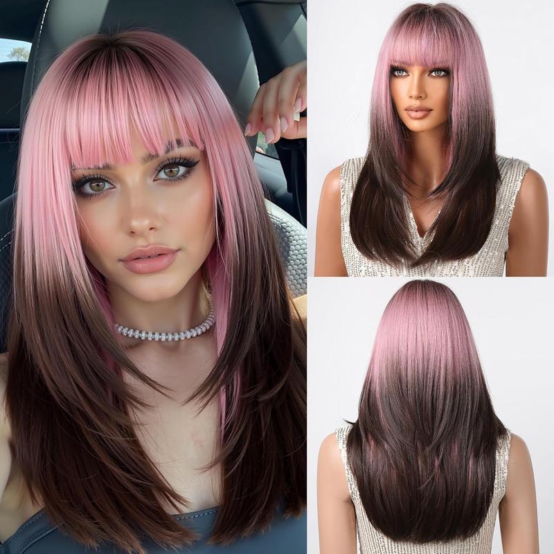 Local shipping-testar Long Ombre Pink Black Wigs For Black Women Straight Pink Brown Wigs With Thick Bangs Cosplay Wigs Colorful Wigs Synthetic Layered Hair Wigs For Daily Use 0