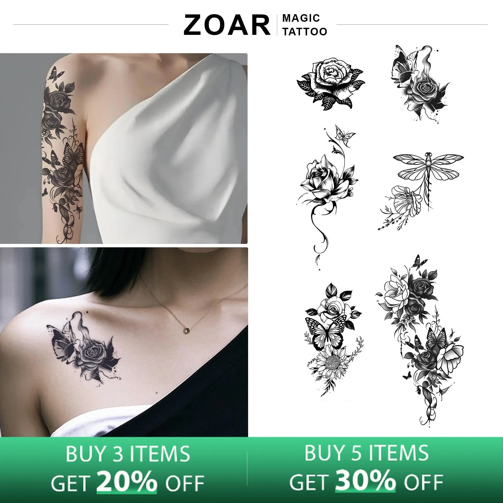ZOAR-Y07 Stiker Tato Temporary Semi Permanen 【Kombinasi bunga】Tahan lama Tattoo menempel dekorasi seni untuk pria dan wanita