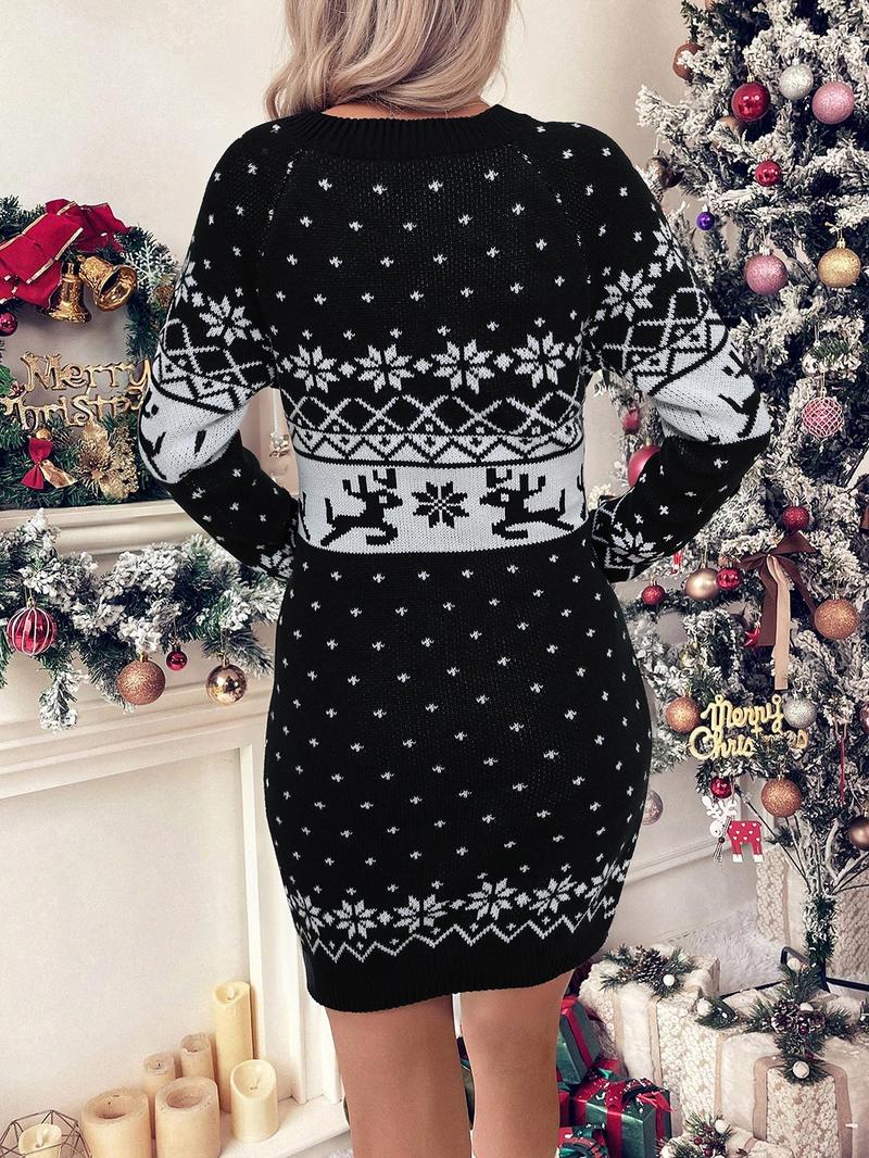 Product Introduction of Women's Christmas Graphic Raglan Sleeve Sweater Dress, Casual Long Sleeve Round Neck Midi Knit Dress for Fall & Winter, Women's Knitwear for Daily Wear 2