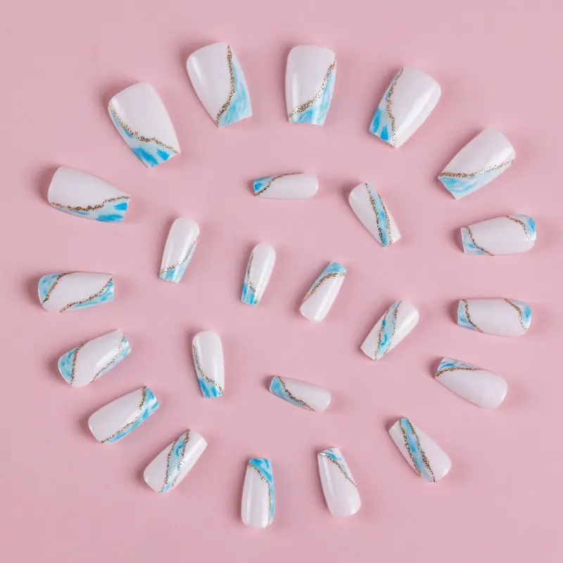 Marble Pattern Fake Nails with Nail File & Sticker, 24pcs French Style False Nails for Women & Girls DIY Nail Art, Manicure Accessories 3