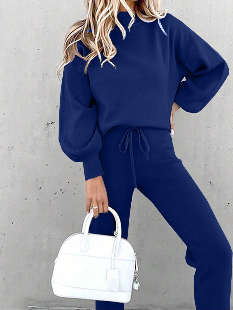 Product Introduction of Women's Solid Drop Shoulder Mock Neck Sweatshirt & Drawstring Waist Pants Two-piece Set, Casual Fashion Cozy Breathable Two Piece Outfits for Daily Outdoor Wear, Women Clothes for Fall & Winter 3