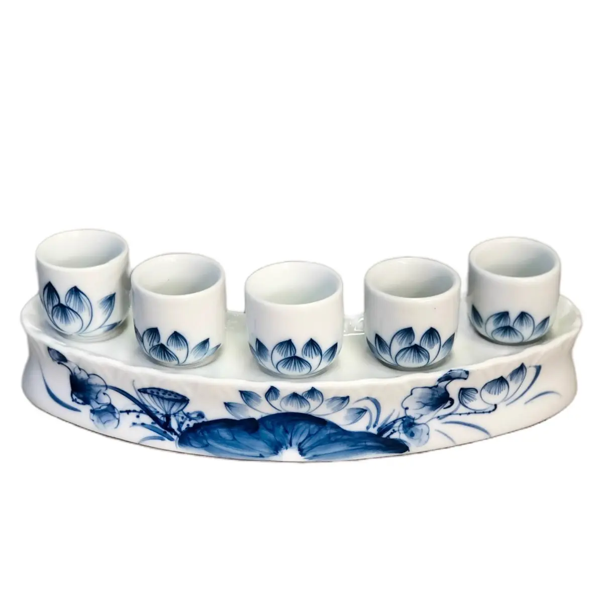 Bộ kỷ  3-5 chén thờ gốm Bát Tràng vẽ sen lam cao cấp