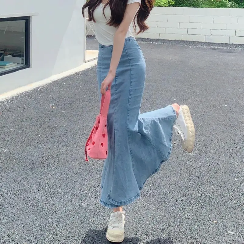 Denim Mermaid Skirt Women's High Waist skirts jeans Wanita A-line Elastic Mid-Length Hip Skirt Viral Terkini Soft