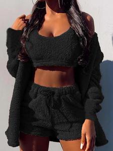 Women's Solid Color Drop Shoulder Outerwear & Crop Vest & Drawstring Waist Shorts Lounge Set, Casual Fashion Cozy Coral Fleece Three-piece Outfits for Daily Home Wear, Women's Sleepwear for Fall & Winter
