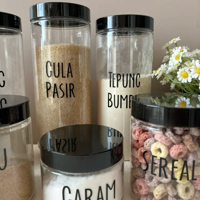 Toples Bumbu Dapur Tutup Hitam Bahan Plastik Toples Serbaguna Free Stiker Cutting Anti air (EA Htm) 4