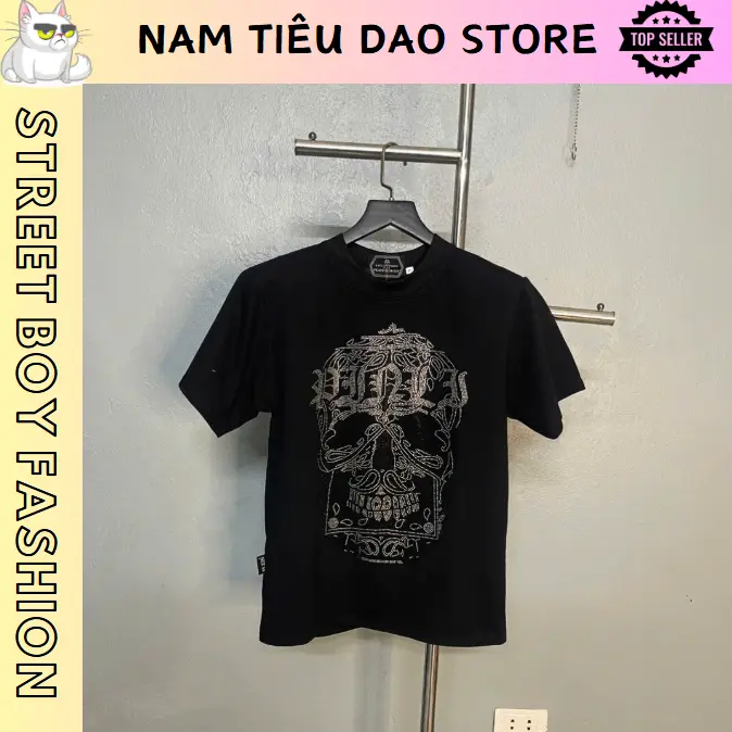 Áo Thun Nam Đính đá Đầu Lâu Mới Đẹp Logo QP Sắt
