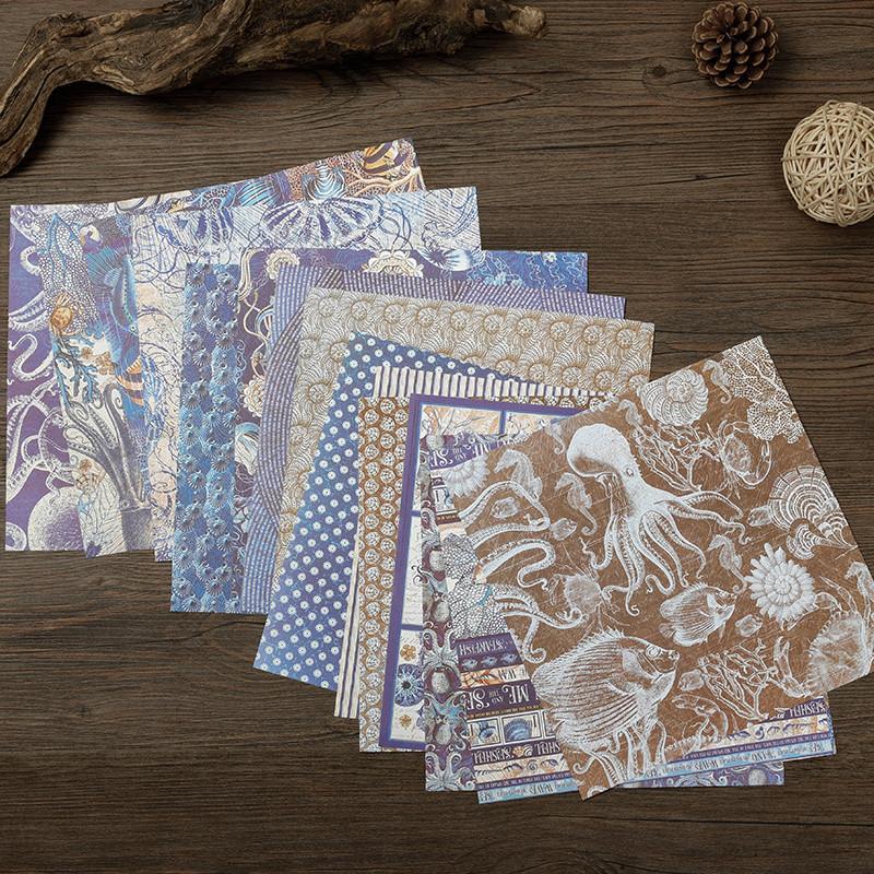 Product Introduction of 16sheets Marine Life Themed Vintage Material Paper, Retro Handbook Background Paper, DIY Decoration For Scrapbooking & Journal Making 13