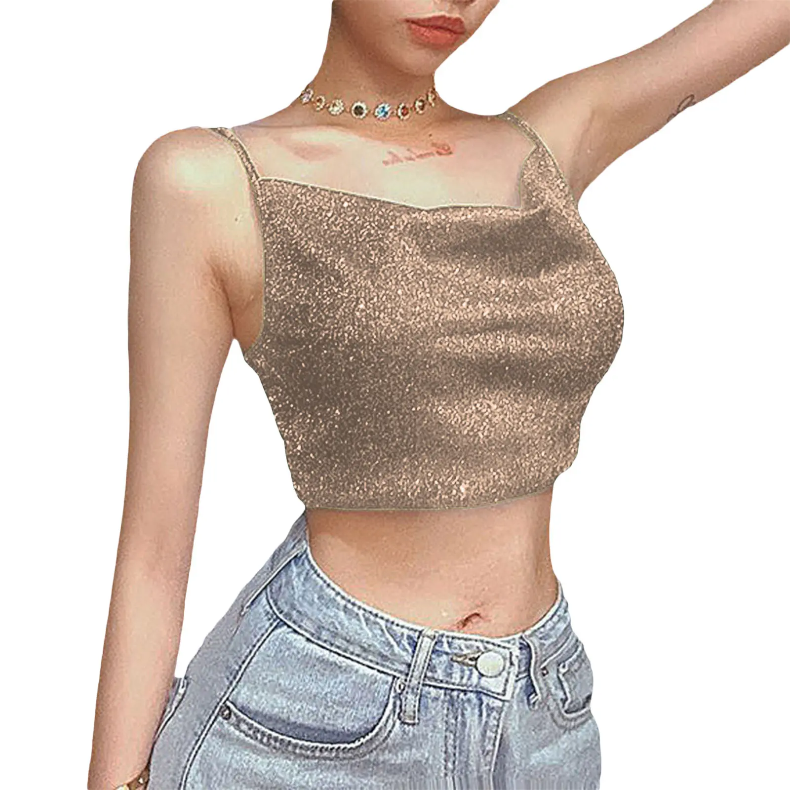 Women Summer Crop Top, Black Shiny Spaghetti Straps Low Cut V-Neck Form-Fitting Tank Top for Girls
