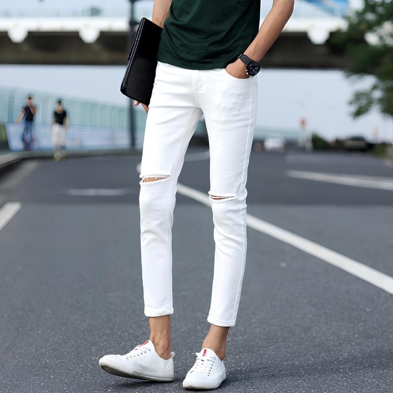 Quần jean dài nam kiểu rách gối nhỏ màu trắng chất bò co dãn nhẹ dáng form skinny QA07 mới Menswear Pants Có Túi