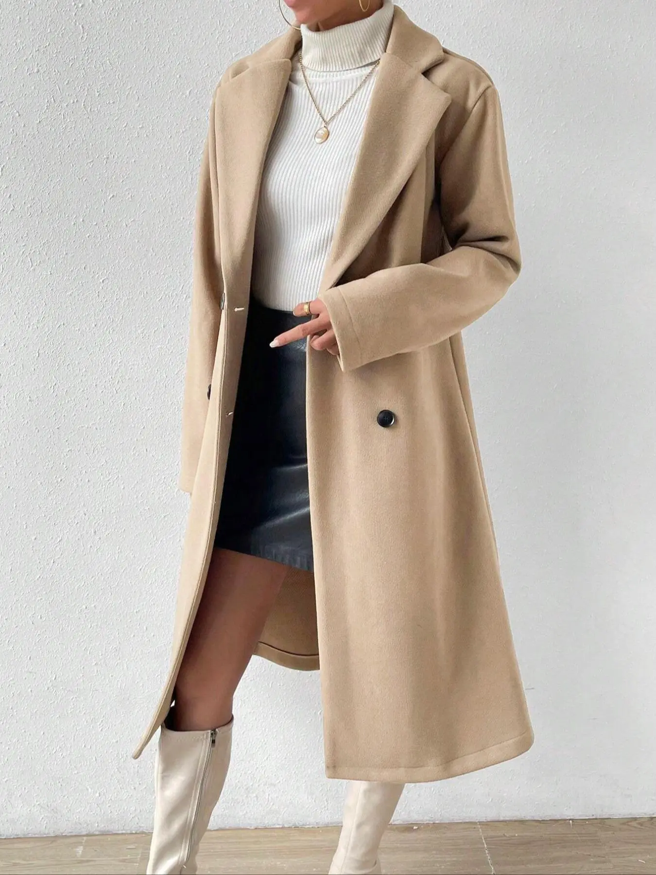 Women's Solid Double Button Lapel Pea Coat, Casual Long Sleeve Woolen Coat for Fall & Winter, Women's Clothing for Daily Wear