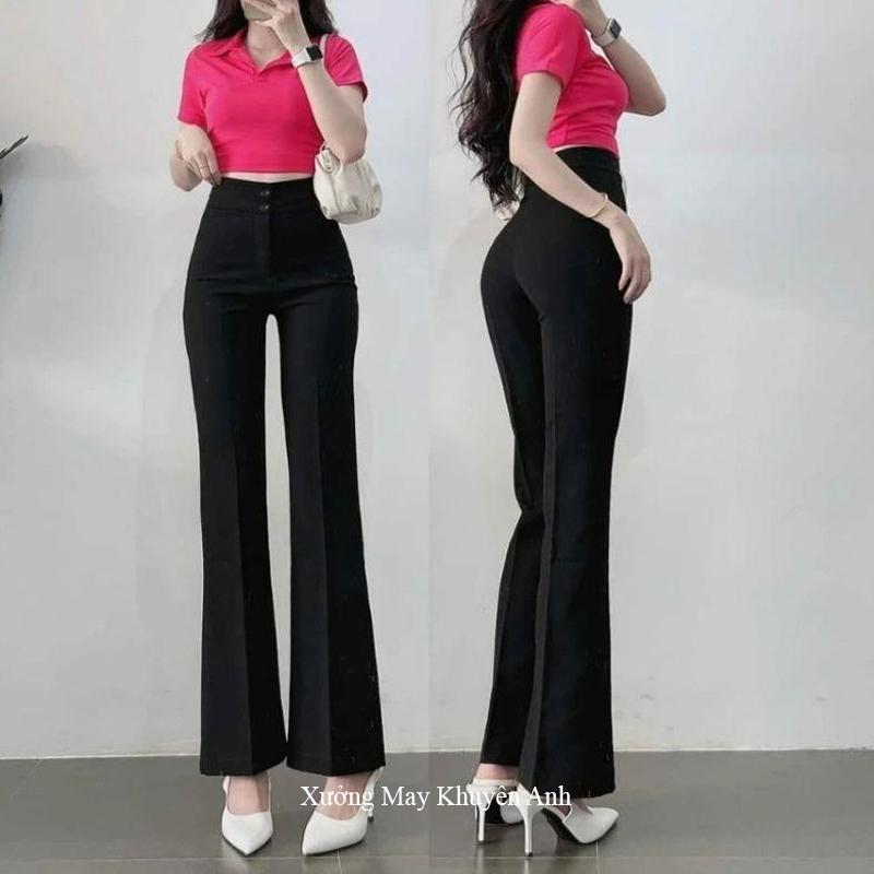 Quần ống loe lưng cao 2 cúc 1 cúc có túi moi dáng quần tây ống loe nữ lưng cao màu Đen Nâu vải dày đáy cao mặc đi học làm công sở tôn dáng