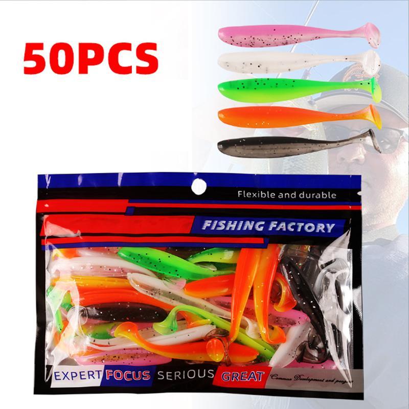 Two Tone Artificial Fishing Bait, 50pcs Random Color Flexible Durable Soft Fishing Lure, Outdoor Fishing Accessories, Flyfishing, Solocamping, picnicaesthetic 0