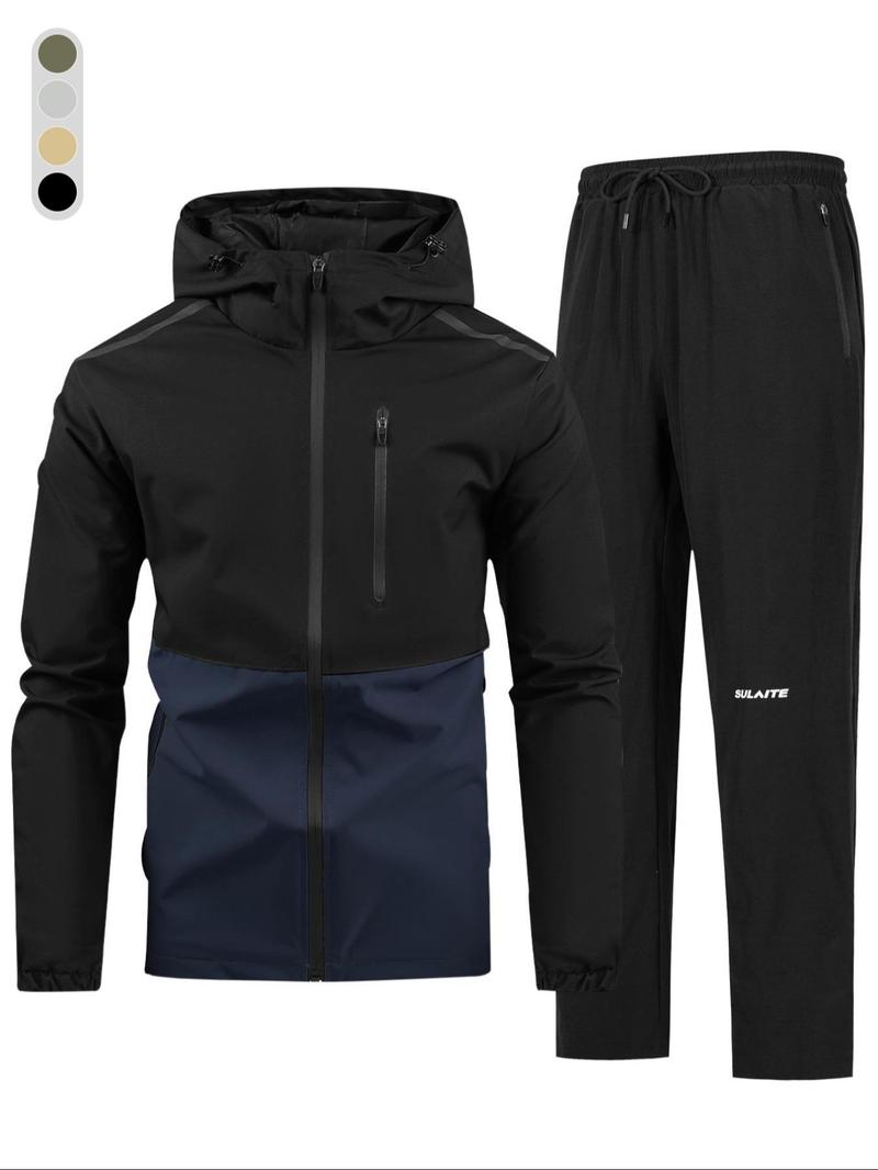 Product Introduction of Men's Colorblock Zip Up Hooded Jacket & Letter Print Drawstring Waist Pants Two-piece Set, Regular Fit Casual Long Sleeve Hooded Outerwear & Pocket Trousers for Spring & Fall, Men's Two-piece Outfits for Daily Wear 1
