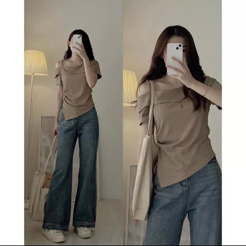 Áo Thun Bigsize Nữ Tay Ngắn Trễ Vai Vạt Chéo Kèm Dây Rút Eo Hack Dáng 50-95kg - G213