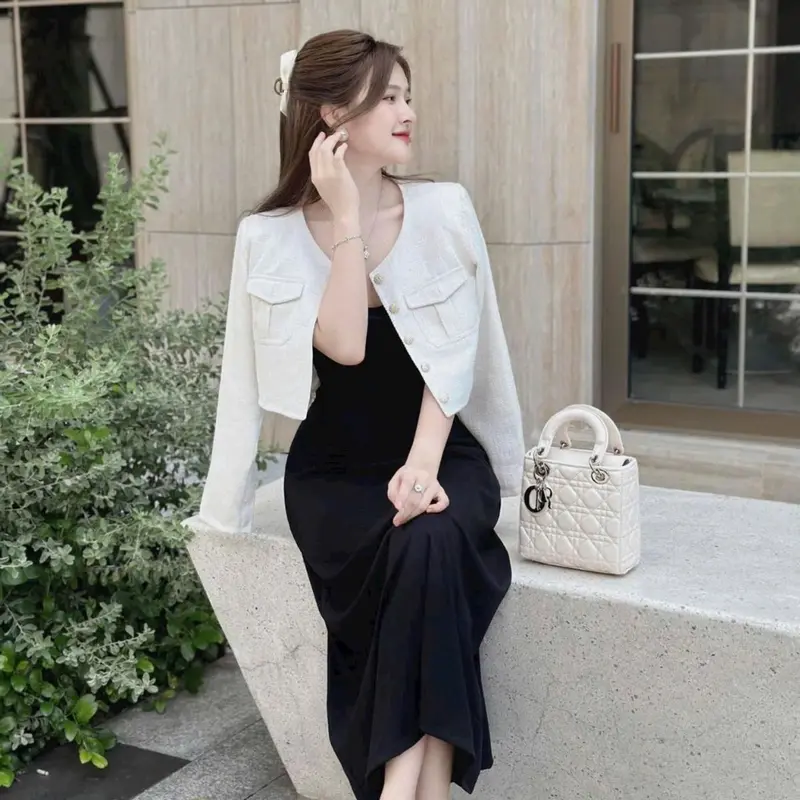 Set đầm nữ áo khoác dạ lenin đính nút phối túi kèm đầm dài cotton lạnh siêu xᶖnh 6