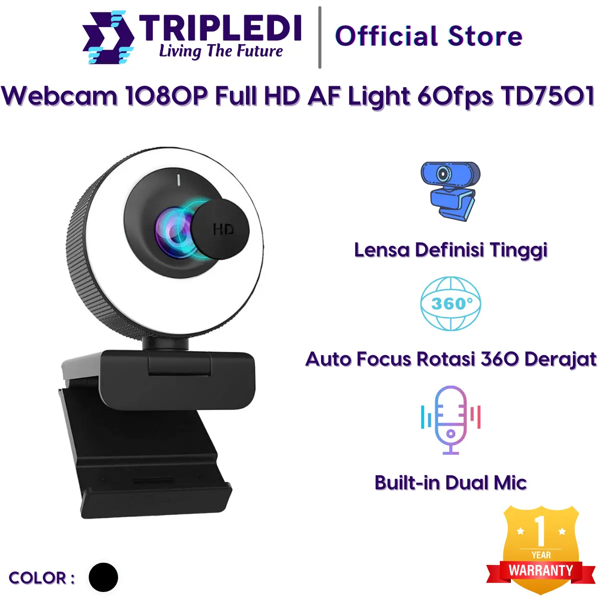 TRIPLEDI Webcam FHD 1080P Kamera Live Streaming Komputer Camera with Dual Microphone Stereo TD7501 Ring Light Wide Angle 60fps Auto Focus Full HD Magnetic Privacy Cover PC Gaming Windows MacOS Linux Computer