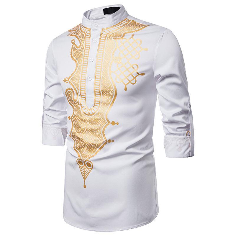 Product Introduction of Discount Fashion Men's Casual Fashion Bronzing Pullover Shirt Totem Long Shirt Muslim Straight Shirt 6