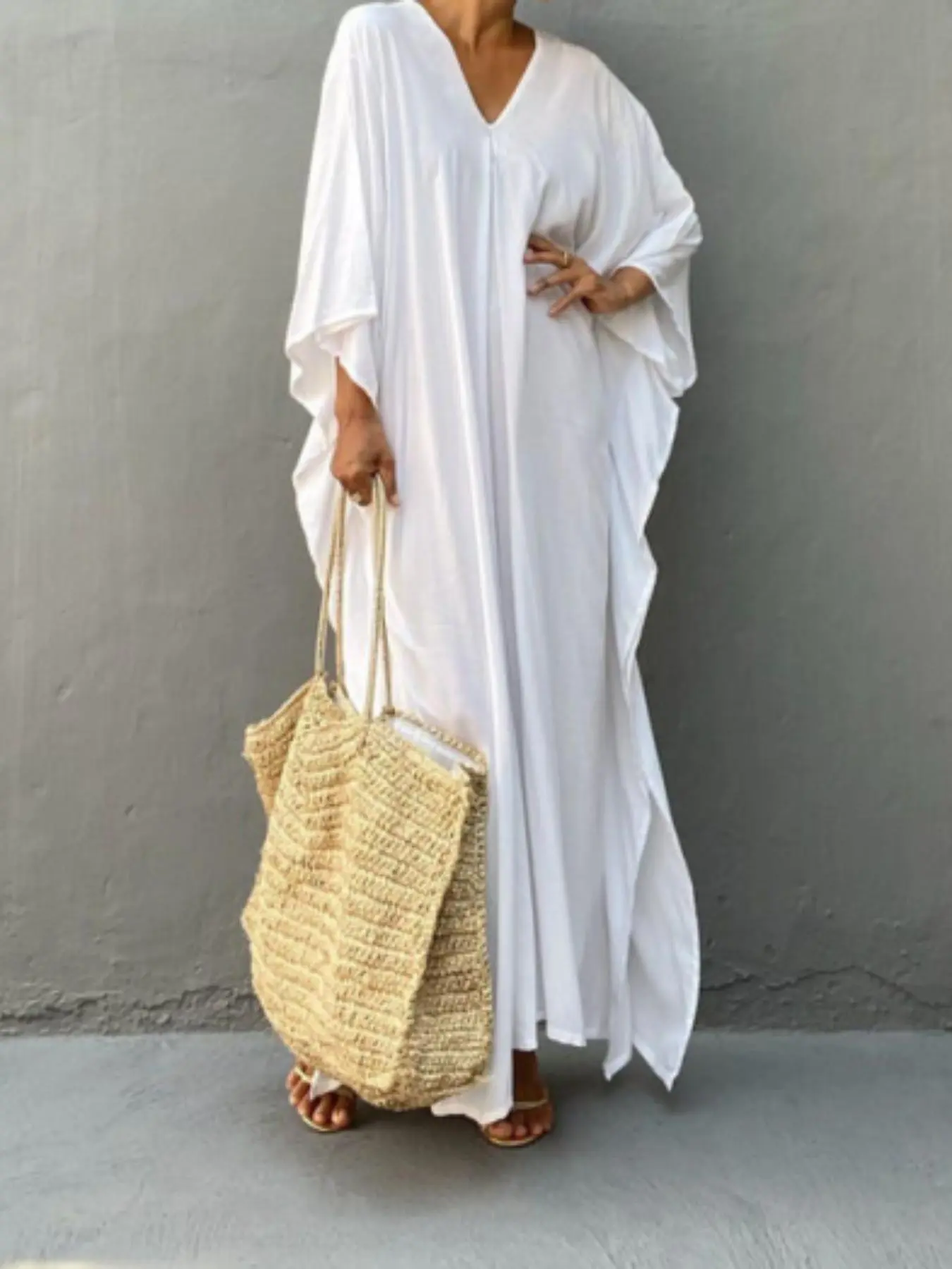 【Plus Size】 Solid Color V Neck Long Dress, Boho Fashion Casual Dress for Beach Holiday Vacation, Women's Plus Clothing for Summer
