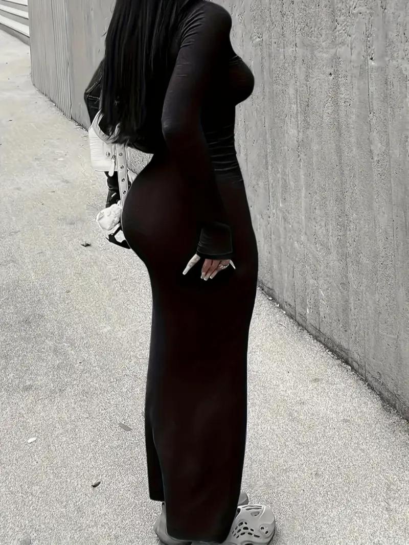 Product Introduction of Women's Solid Color U Neck Bodycon Dress, Casual Fashion Long Sleeve Dress for Daily Outdoor Wear, Ladies Clothes for All Seasons 7