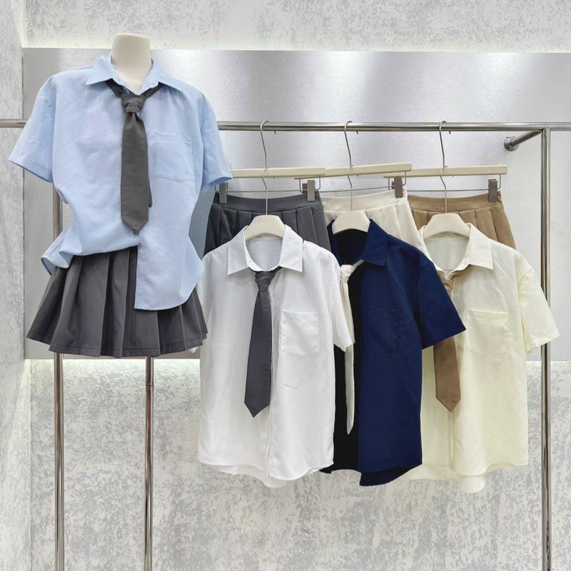 Set áo sơ mi cà vạt kèm chân váy xếp ly the.sweaterweather TSW Nữ Women Kem Jacket