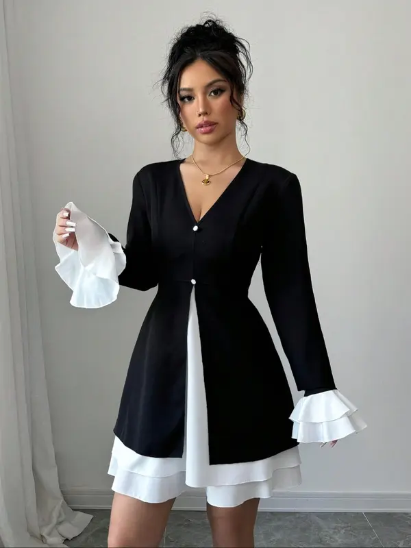 Women's Flounce Sleeve Dress, Elegant Fashion Casual V Neck Dress for Daily Outdoor Wear, Women Dress for Summer 4