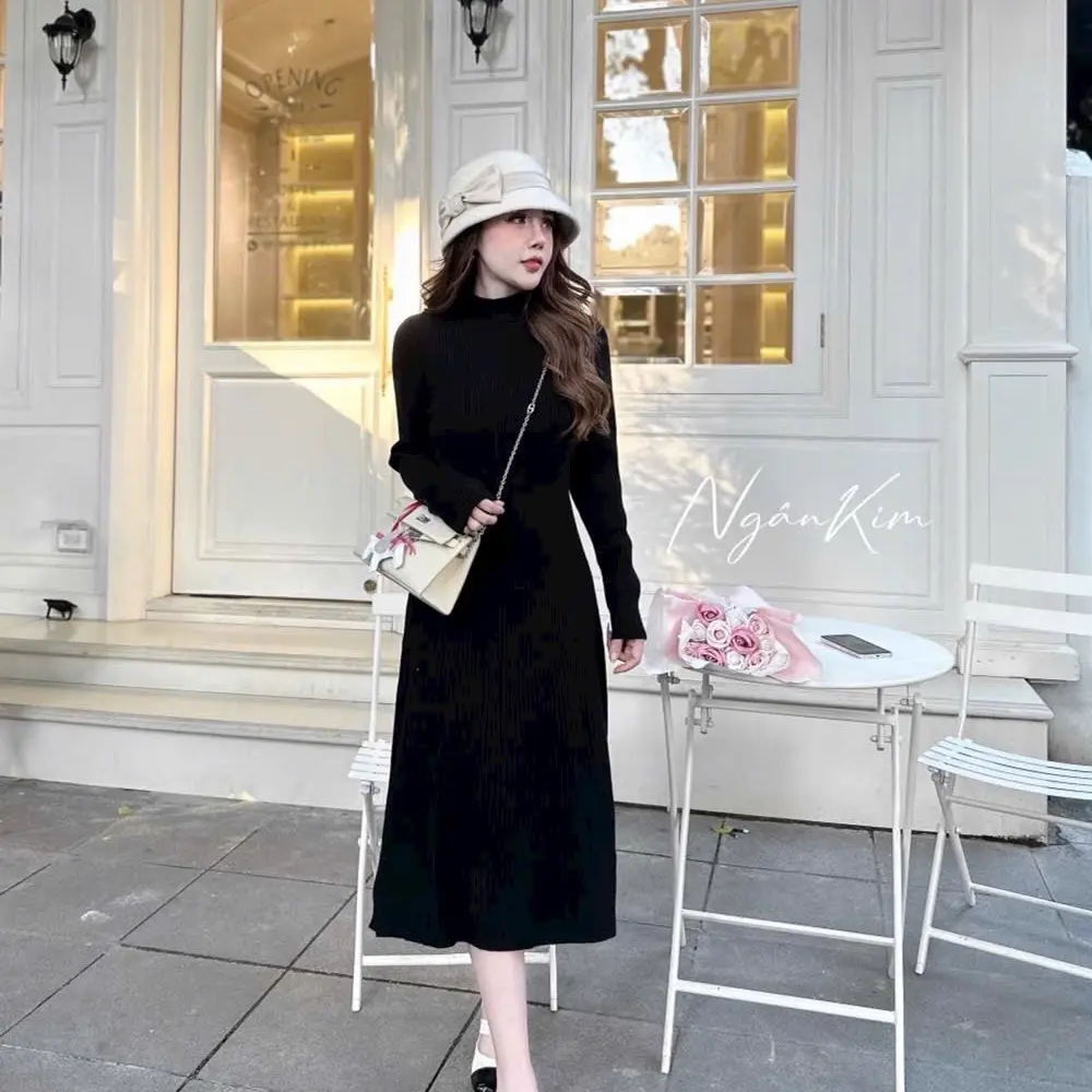Váy body len tăm cổ 3p dáng dài và ngắn cho nữ - Women Nữ Đen Dress vaytet