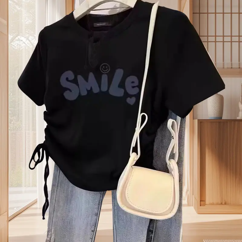 Áo Phông Ngắn Dây Rút Dành Cho Phụ Nữ, Kiểu Dáng Thẳng Vai, Cổ Tròn, In Chữ, Ôm Sát, ngắn Tay Áo, Thời Trang, Tươi Mới Và Ngọt Ngào, Áo Bé Gái 1