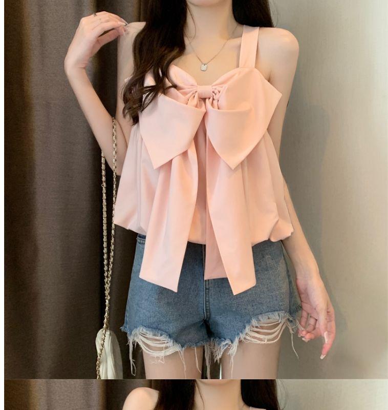 Product Introduction of Tiktok Hot Sale French Sweet Bowknot Loose Small Sling Vest Women's Inner Wear Summer Niche Design Outer Wear Short Top 3
