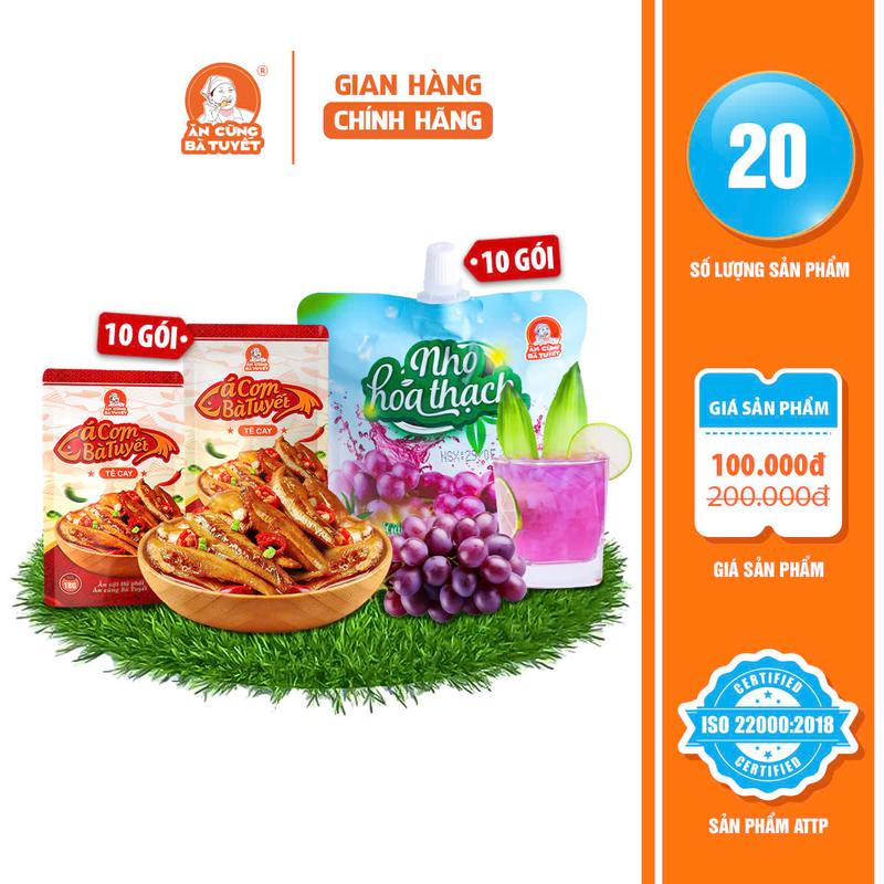 Combo GIA TRƯỞNG gồm :  10 gói cá cơm tê Cay +10 gói nho hoá thạch+ 10 gói trà sữa hóa thạch- Ăn Vặt-  ĂN CÙNG BÀ TUYẾT