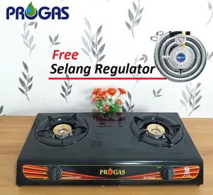 Kompor Gas Progas Kompor Gas 2 Tungku Hitam Free Selang Regulator SNI Burner Kuningan Berkualitas