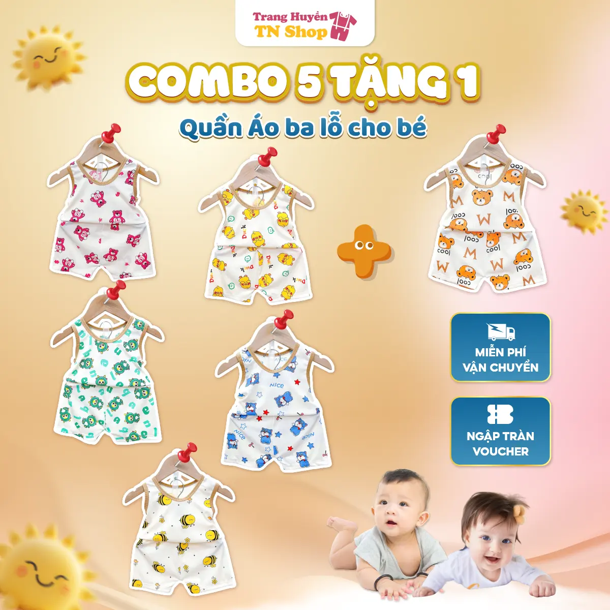 Combo _5_ bộ (Tặng 1 bộ) quần áo 3 lỗ chất tăm cho bé trai, bé gái từ 5kg-16kg